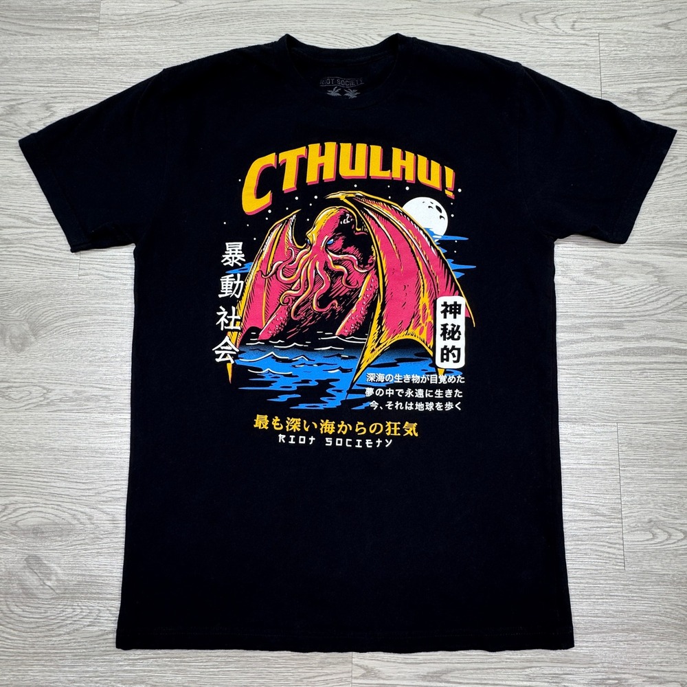 Riot Society Mens T Shirt Cthulhu Graphic Japanese Kanji Black Medium